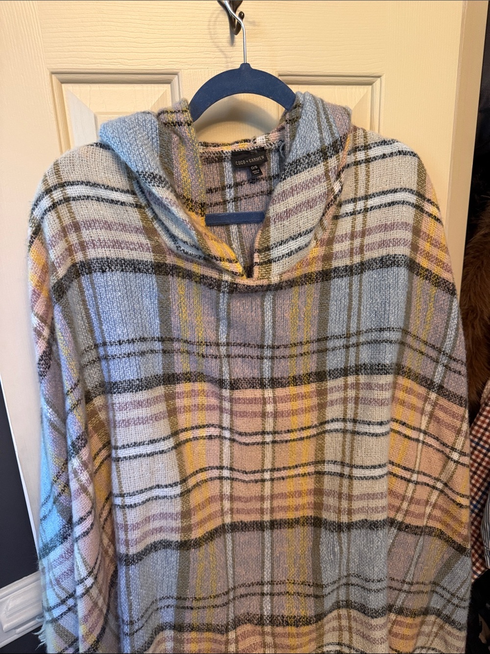 Coco + Carmen Pastel Plaid Hooded Cape in Blue, Pink, Yellow, Gray